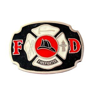 Vintage Firefighter Belt Buckle FD Buckle Bakery #1670 Fire Dept Pewter Enamel